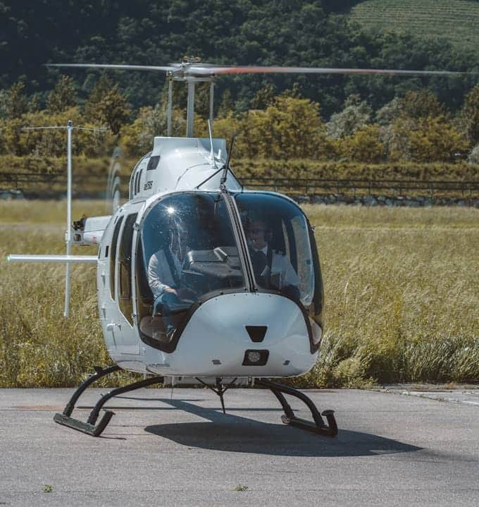 View of the nose of the Elicompany Bell 505 on the ground